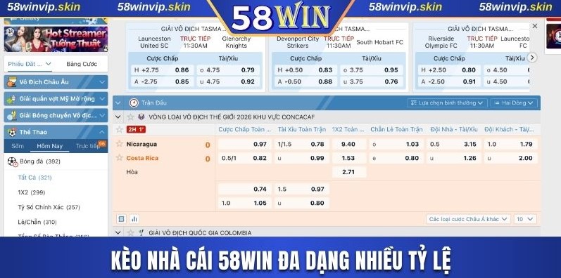 Kèo nhà cái 58WIN đa dạng nhiều tỷ lệ